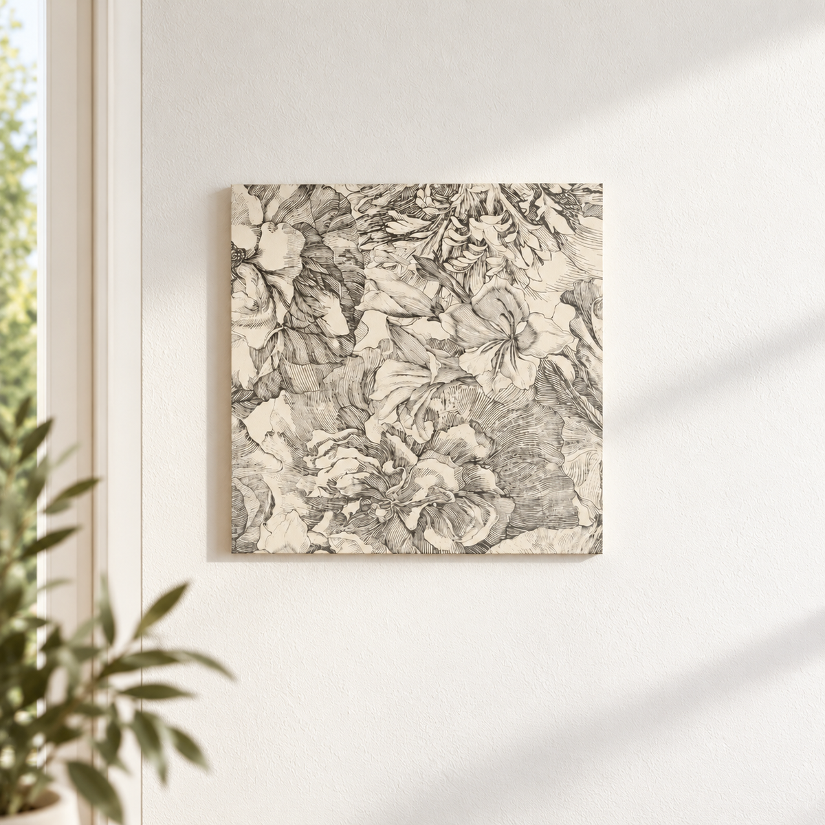 3 Modultische und kleines Wandbild »Monochromo Blossom«